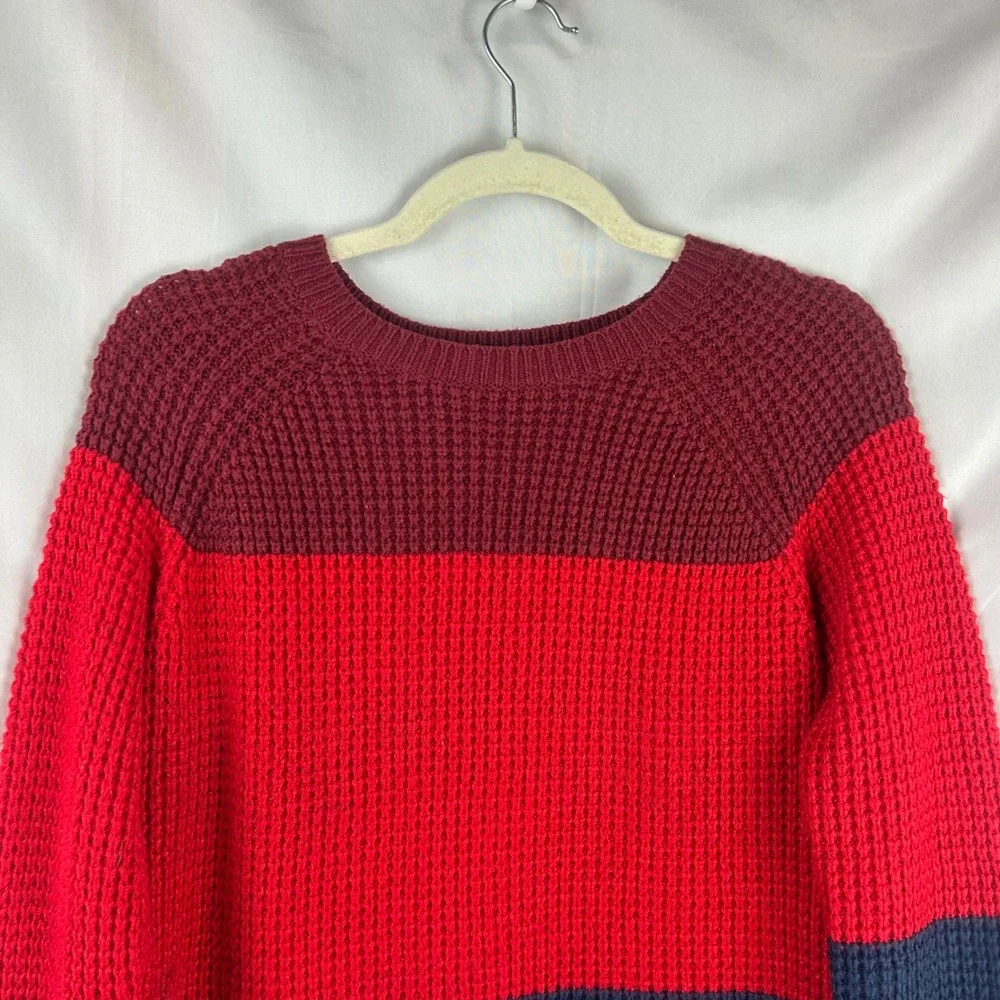 Marine Layer Delaney‎ Striped Waffle Knit Crewneck Sweater Red Navy Blue Small